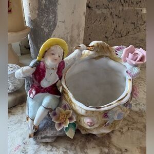 Vintage Ceramic Planter with Boy and Floral Accents